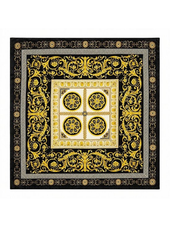 Z-A LLC Accessories - Luxury Gold Baroque Satin Square Scarf for Women – Black & Gold Ornate Chain